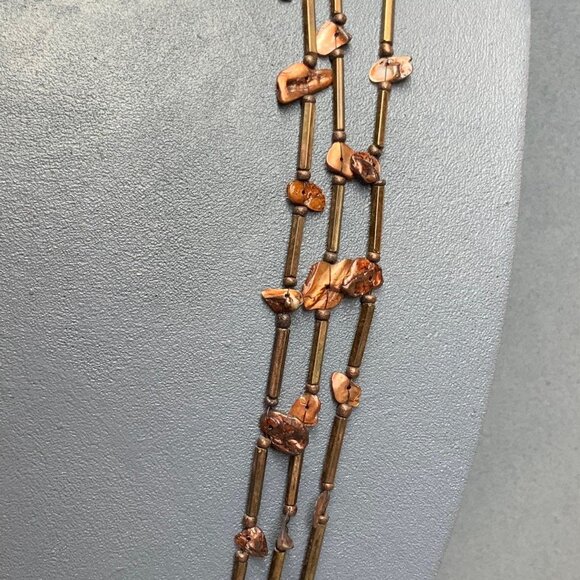 Vintage Triple Strand Necklace 38 In Copper Brown Shell Metal Beads MOP Retro - Picture 5 of 9
